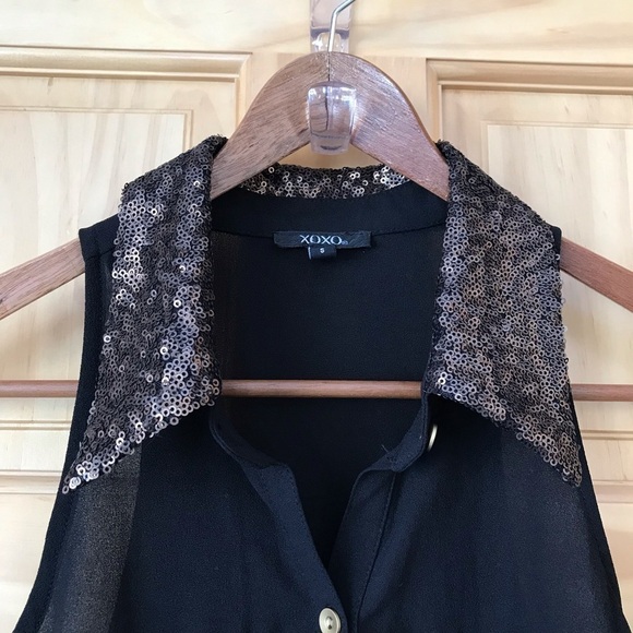 xoxo sequin collar tie front sheer sleeveless top size S - Picture 2 of 4